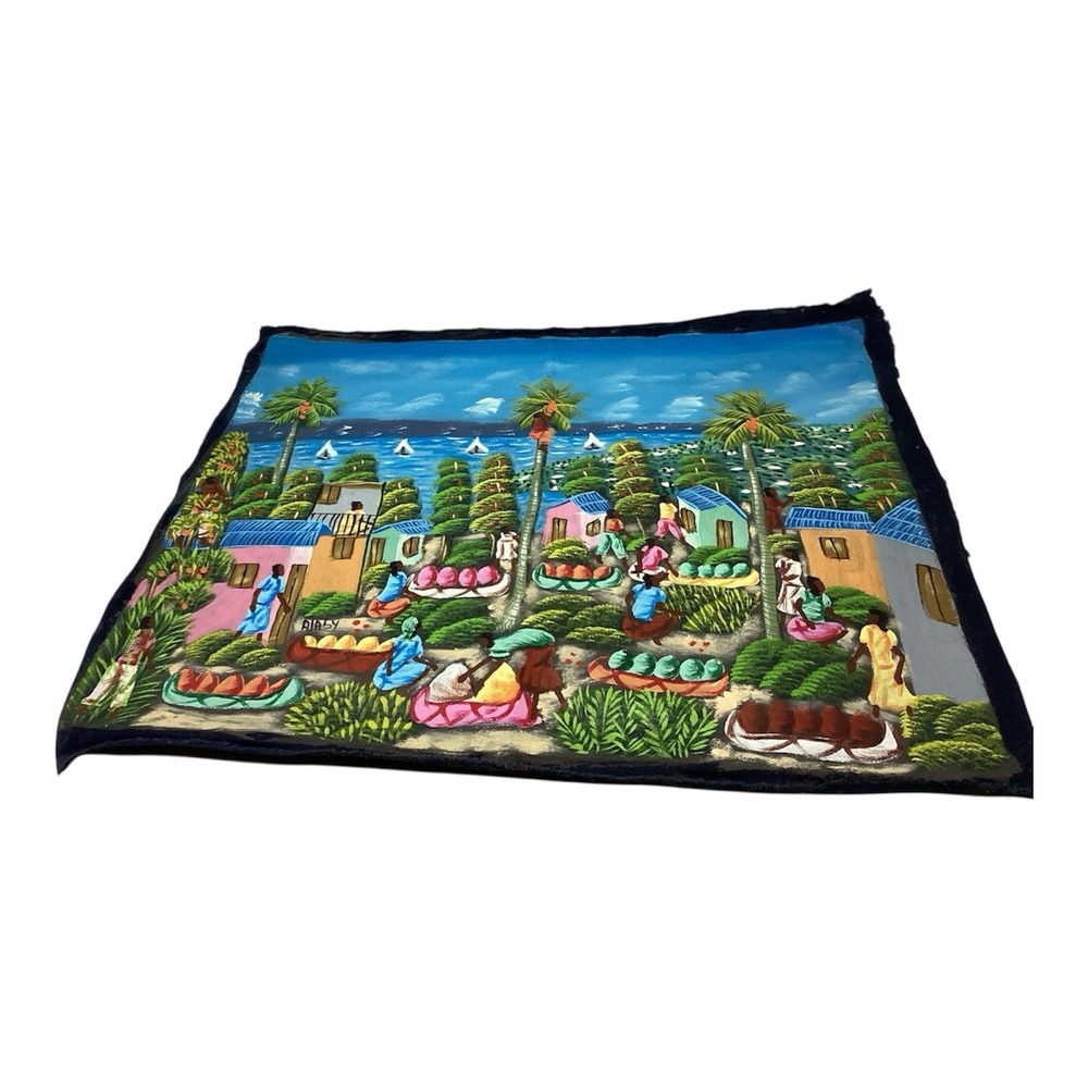 Vtg Signed Alaby HAITIAN Folk Art Marketplace Village Oil Painting 23.5"x20"